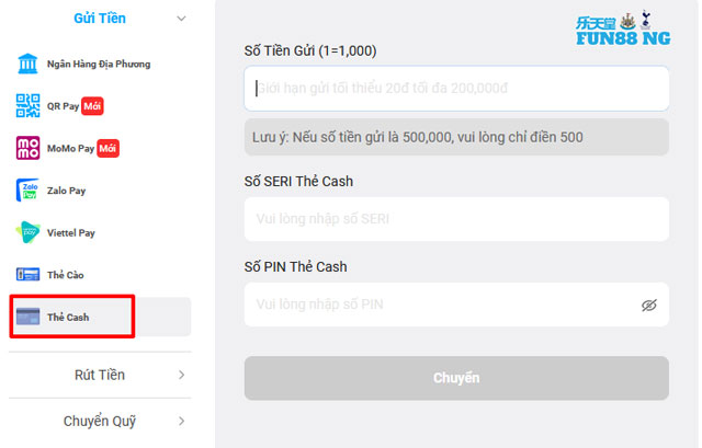 Depositing money into Fun88 via cash card interface