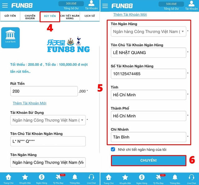 Fill in all the required fields in the withdraw from Fun88 form